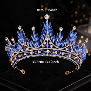 Detail view of gold bridal crown with blue crystals and precise 8cm height measurement