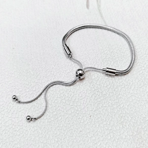 Waterproof silver stainless steel snake chain bracelet with adjustable sliding toggle clasp