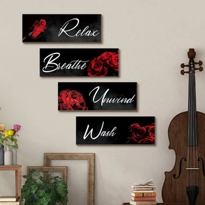 Set of four black wooden wall plaques with red roses and white text for home bathroom decor
