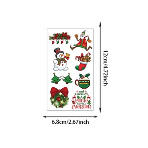 Close-up of colorful Christmas temporary tattoos featuring Santa and snowman, 12x6.8cm size