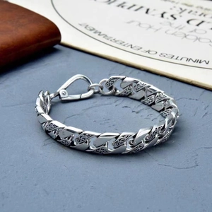 Bracelet Gourmette Homme Vintage Gravé Motif Vigne Cuivre Robuste Rétro Hip Hop Bijoux Jonc Accessoire Argent