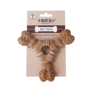 Brown three-pronged bone dog chew toy with dental cleaning bumps on white background