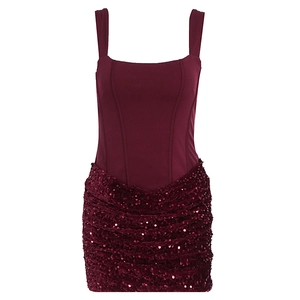 Detail of burgundy corset mini dress with sequin pleated skirt and square neckline
