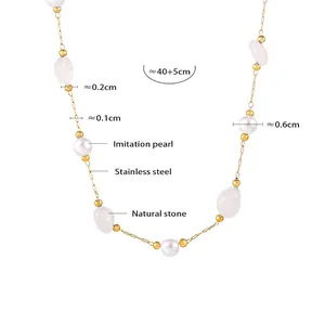 Detail of stainless steel necklace with natural stones, imitation pearls and dimensions