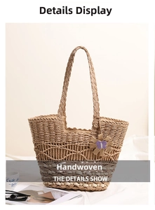 Detail of handmade hollow straw tote with floral charm and contrast weaving pattern