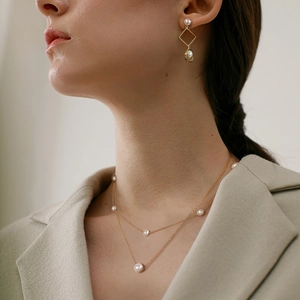 Elegant 925 sterling silver double-layer necklace and geometric pearl earrings set