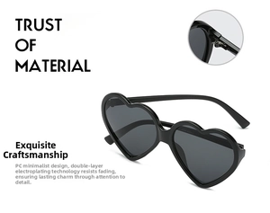 Detail view of heart-shaped sunglasses featuring durable metal hinges and PC material