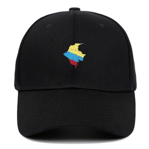 Black cotton baseball cap with Colombia map embroidery and curved brim in street style