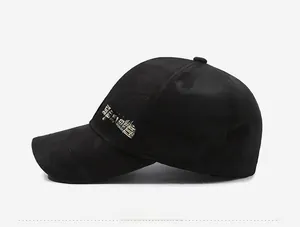 Close-up of black camo baseball cap featuring gold 'sports' embroidery on the side