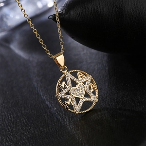 18K gold plated MOM pendant necklace with heart zircon and stars on black leather