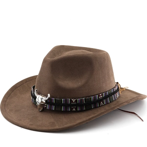 Chapeau De Cowboy Western Daim Polyester Feutre Avec Ornement En Métal Tête De Taureau Et Bande Tissée Ethnique