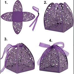 Purple laser-cut floral candy box tutorial showing four-step folding process with ribbon