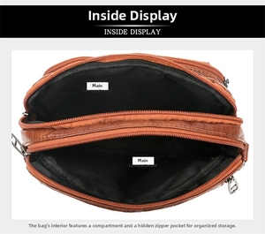 Vue détaillée de l'intérieur du sac bandoulière marron à motif croco avec compartiments
