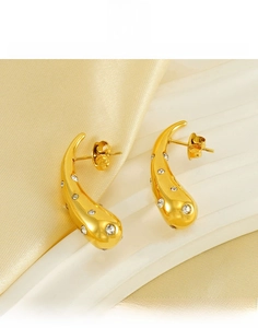 Detailed close-up of teardrop stainless steel earrings with sparkling zircon inlay