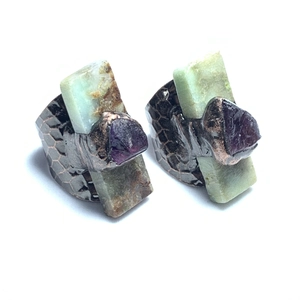 Vintage bronze adjustable ring set with rectangular green jade and purple amethyst stones