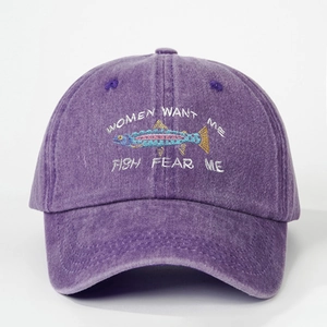 Vintage purple washed cotton baseball cap featuring Women Want Me Fish Fear Me embroidery
