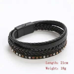 Men's multilayer black braided leather bracelet with metal rivets and magnetic clasp 21cm
