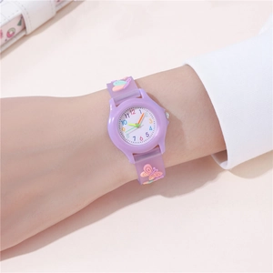 Close-up of purple silicone strap with embossed colorful butterfly pattern on kid watch