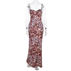 Back view of leopard print maxi dress showing slim fit silhouette and low back design