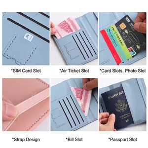 Multifunctional RFID PU leather passport holder wallet with SIM card slots and elastic strap