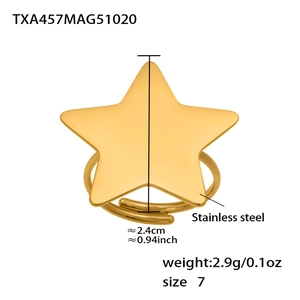 Detailed size chart for star-shaped 18k gold plated stainless steel ring with dimensions
