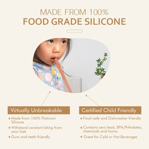 Infographic showing child-friendly food grade silicone straws, BPA-free and heat resistant
