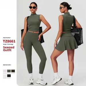 Damen Sport Yoga Workout Ärmelloses Stehkragen Kurzarm Oberteil Und Leggings Skort Mit Hoher Taille Gebürstet Elastisch Fitness Gym Kleidung