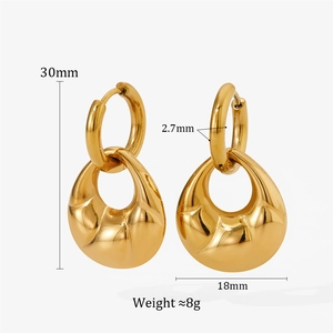 Detailed size chart of gold PVD plated double hoop earrings with 30mm height and 18mm width