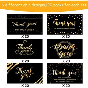 Set of 120 Thank You business stickers with 6 elegant black and gold chic designs