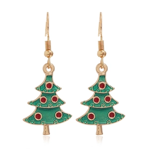 Detailed view of Christmas tree drop earrings with green enamel and golden hooks