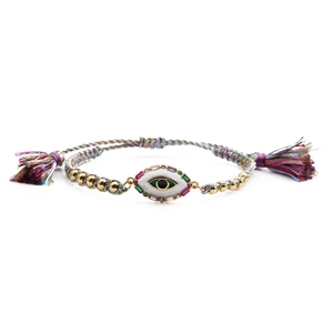 Bracelet œil porte-bonheur tissé à la main avec perles dorées et glands femme