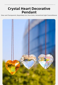 Detailed close-up of faceted heart-shaped crystals in amber, clear, and AB iridescent colors