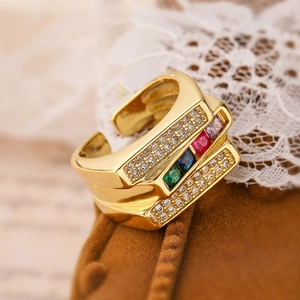 Multi-layer 18K gold plated ring with colorful square zircons on brown velvet