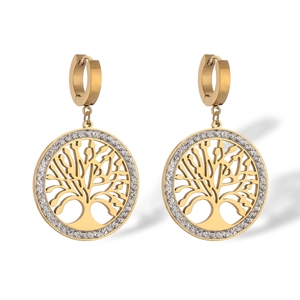 Detail of tree of life gold hoop earrings featuring sparkling cubic zirconia stones