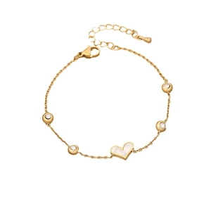 Golden stainless steel heart bracelet with white mother-of-pearl and zircon accents
