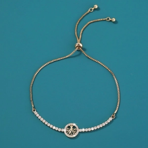 Elegant gold Tree of Life bracelet with micro-pave cubic zirconia and adjustable slide clasp