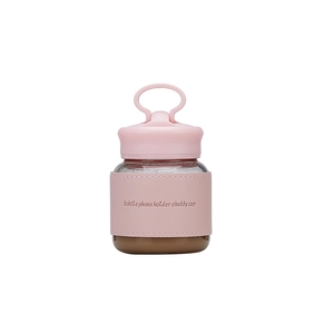 Pink and brown chubby glass cup with leather sleeve and mobile phone holder feature