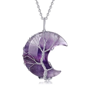 Silberne Lebensbaum-Halskette in Sichelmond-Form mit Amethyst-Steinen und Edelstahlkette
