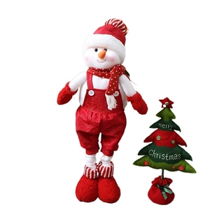 Standing plush snowman doll in red overalls with mini embroidered Christmas tree set