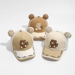 Breathable mesh kids baseball caps with cute bear ears in beige, khaki, and brown colors