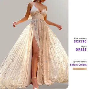 Women Star Sequin Evening Dress Deep V Neck High Slit Spaghetti Strap Mesh Maxi Gown Elegant Formal Party Wear