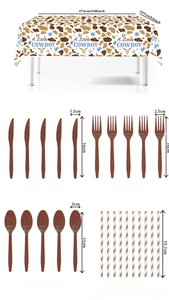 Detailed view of cowboy party set showing dimensions of tablecloth, cutlery and straws