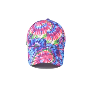 Colorful tie-dye cotton baseball cap with vibrant graffiti pattern and white stitching detail