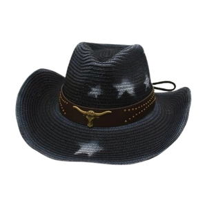 Black straw western cowboy hat with white star print and vintage bull metal buckle decoration