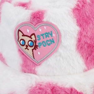 Pink heart plush bucket hat with fluffy cow print and cute cat embroidery for women