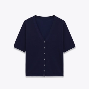 Women Short Sleeve Knit Cardigan V Neck Button Down Solid Color Polyester Casual Summer Sweater Top Navy Blue