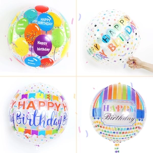 Set of four transparent 22 inch 4D spherical Happy Birthday balloons with colorful patterns