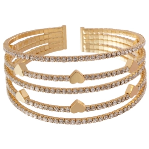 Golden multi-layer heart charm cuff bracelet with sparkling crystal pave setting