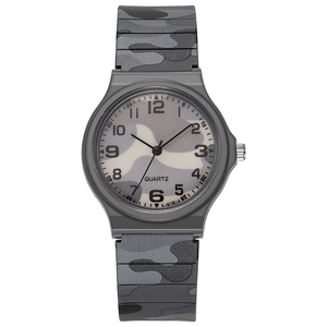 Detail view of quartz watch featuring grey camouflage strap and numerical dial markers