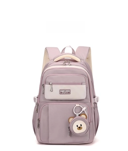 Front view of lilac high-capacity backpack with multiple layers and a cute bear pouch